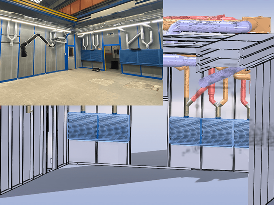 Schallschutzkabine mit Absaugung, Absaugwände sind an Rohrsystem angeschlossen